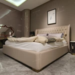 Arched Top Leather Bed with Diamond Tufting and High-Gloss Wood Sides